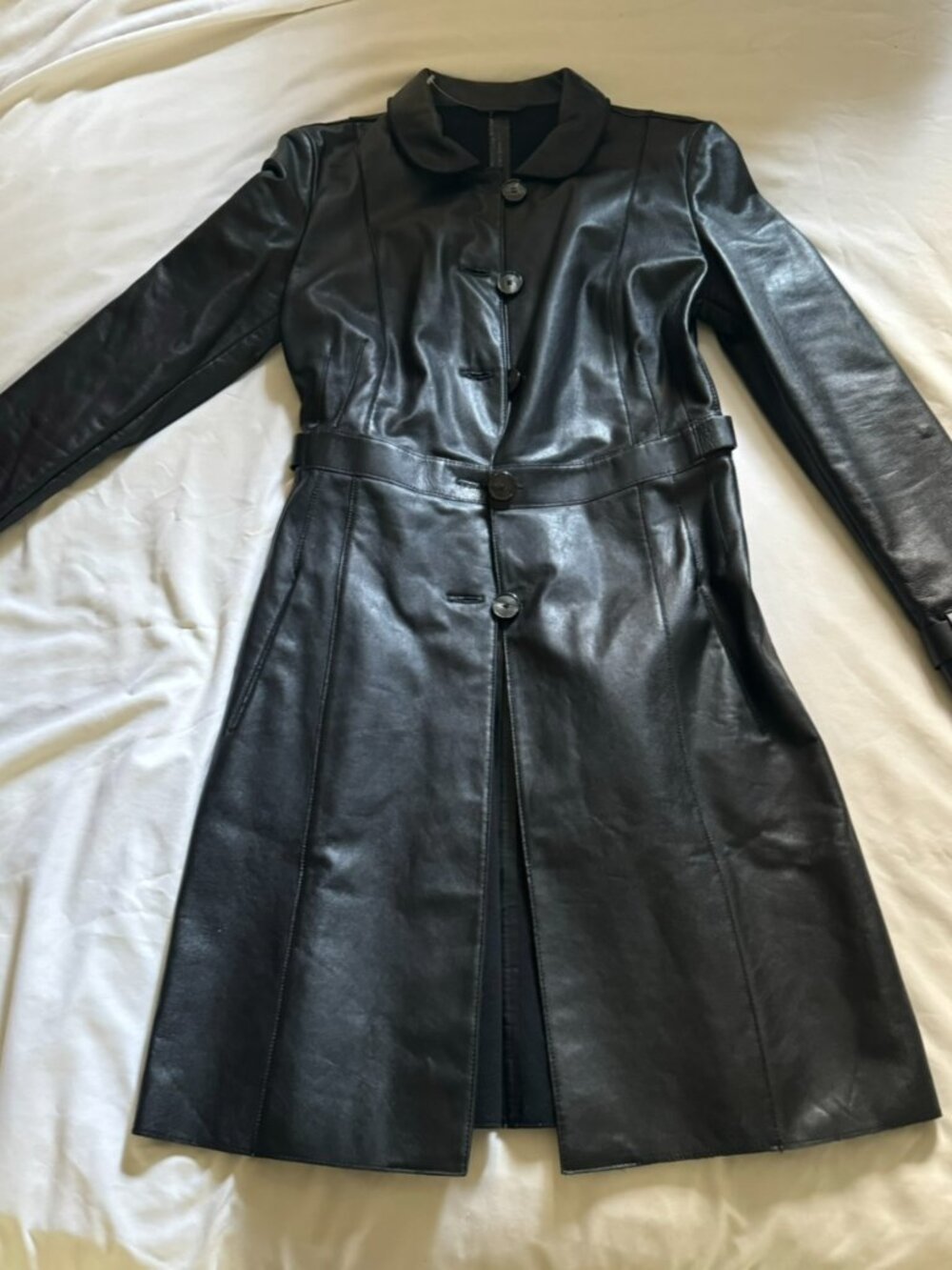 Beautiful black, lamb leather longline trench / jacket / dress - Armani sz 40